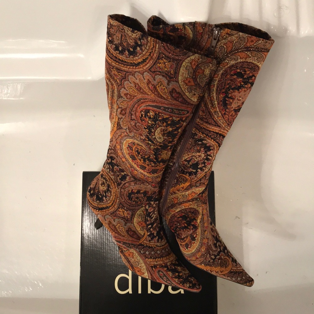 Diba Paisley Pointed-Toe Heeled Boots in Orange, Brown and Black